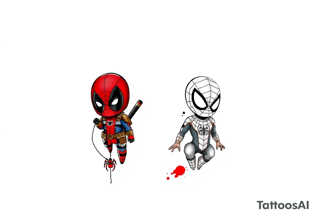 Project: Upper Arm Half-Sleeve Tattoo (Chibi Marvel Duo)
Placement: Upper Arm (Shoulder cap down to just above the elbow)
Reference Images: Chibi Deadpool (Image 1) and Chibi Spider-Man (Image 2)
Design Request & Layout:
* Please stack the characters dynamically to fit my upper arm. I'd like Deadpool positioned near the top/shoulder cap, and Spider-Man sitting near the bottom/above the elbow.
* Use the dangling spider and its web thread, along with loose, energetic construction lines, to transition between the two characters and wrap the design around the arm.
Art & Color Style:
* Linework: Please harmonize both characters into a singular, unified style—blending Deadpool's clean comic ink lines with Spider-Man's raw, cross-hatched sketchbook aesthetic.
* Color: The base of the tattoo should be gritty black-and-grey sketch shading. However, I want vibrant pops of red on their suits.
* The Splatter Effect: Instead of keeping the red cleanly inside the lines, please style the red color as a loose, dynamic watercolor/ink splatter effect that bursts out past their outlines and fades into the negative skin space. tattoo idea