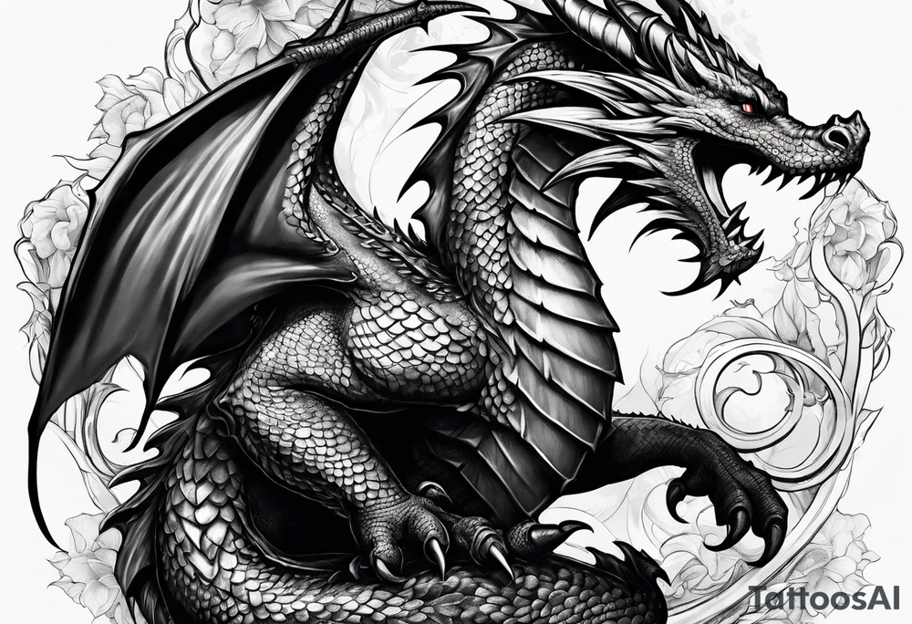 Realistic Medieval dragon climbing showing back tattoo idea