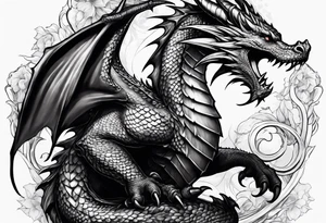 Realistic Medieval dragon climbing showing back tattoo idea