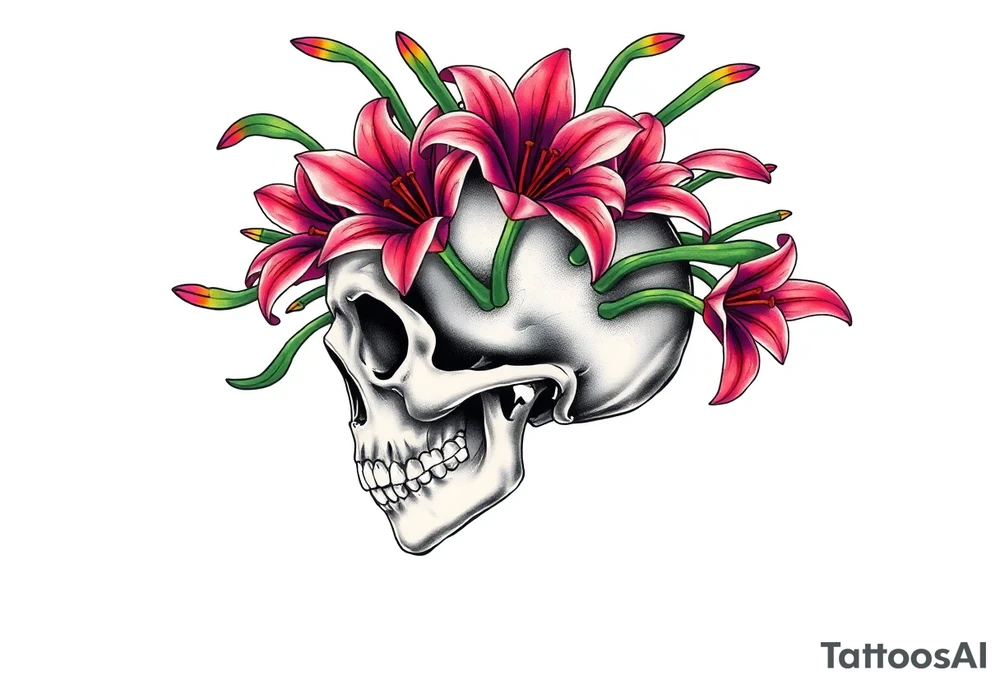 Lillies coming out of back of humanoid skull tattoo idea