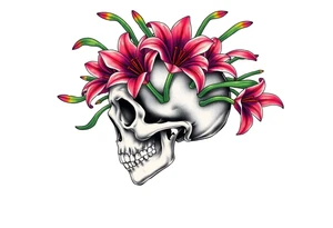Lillies coming out of back of humanoid skull tattoo idea