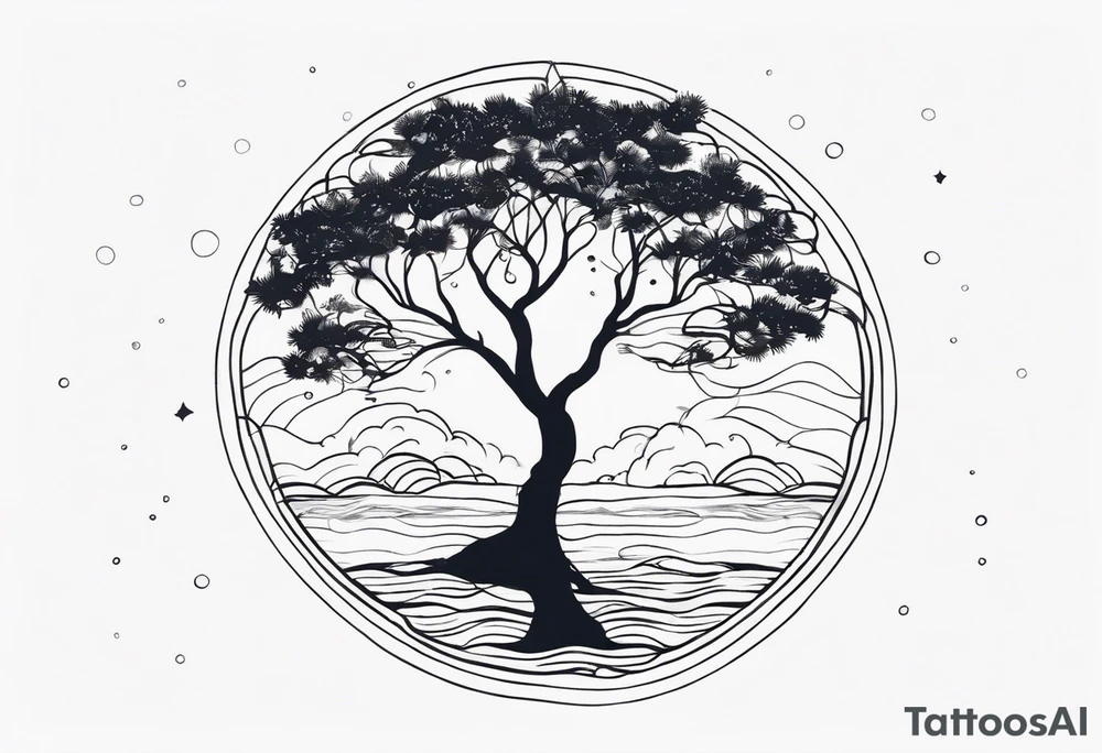 calm sea and tree of life background tattoo idea