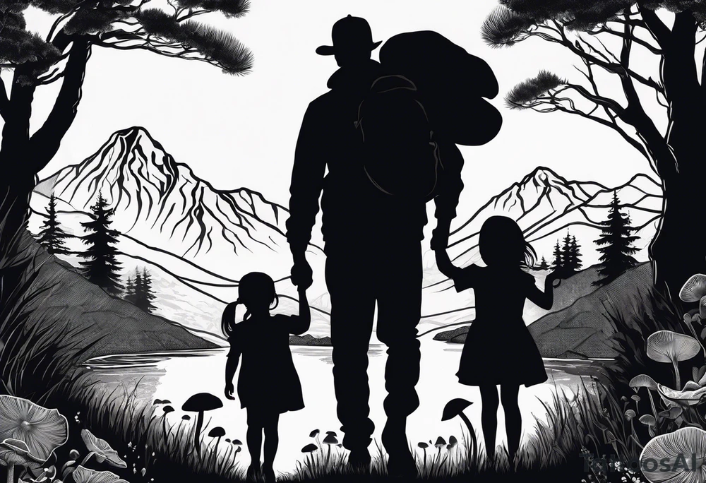 Family silhouette of a father, a mother, oldest son, middle daughter, and small daughter foraging mushrooms with mountains and creek in background tattoo idea