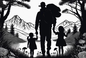 Family silhouette of a father, a mother, oldest son, middle daughter, and small daughter foraging mushrooms with mountains and creek in background tattoo idea