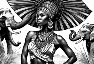 African woman warrior with tribe scars and spear in hand with elephants in background tattoo idea