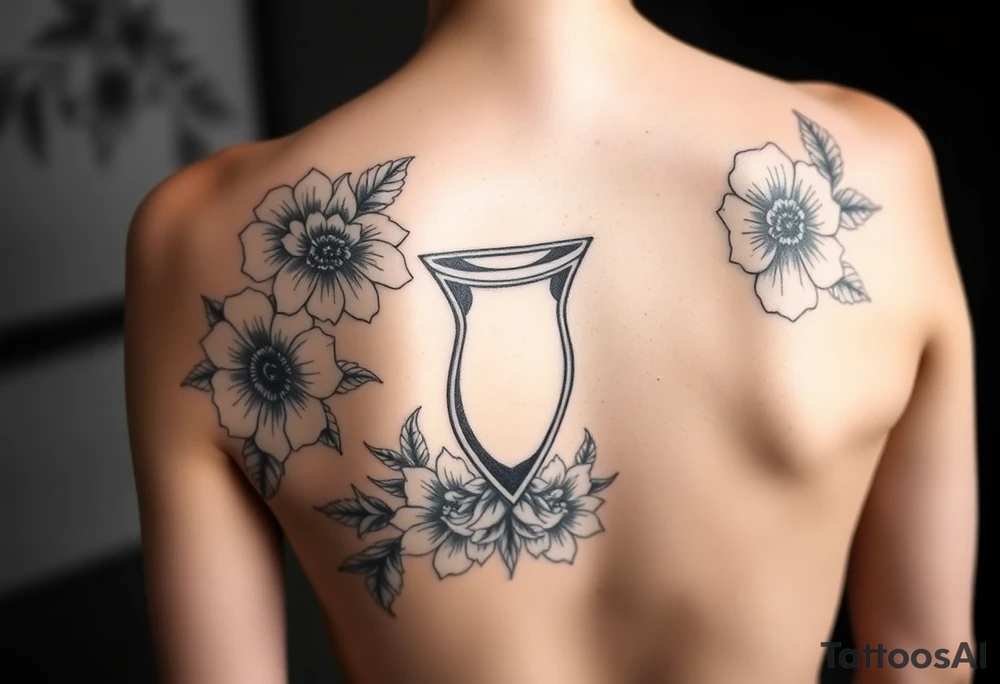 Feminine, full back tattoo, florals on the shoulder with an hourglass in the middle and Mendola lines tattoo idea