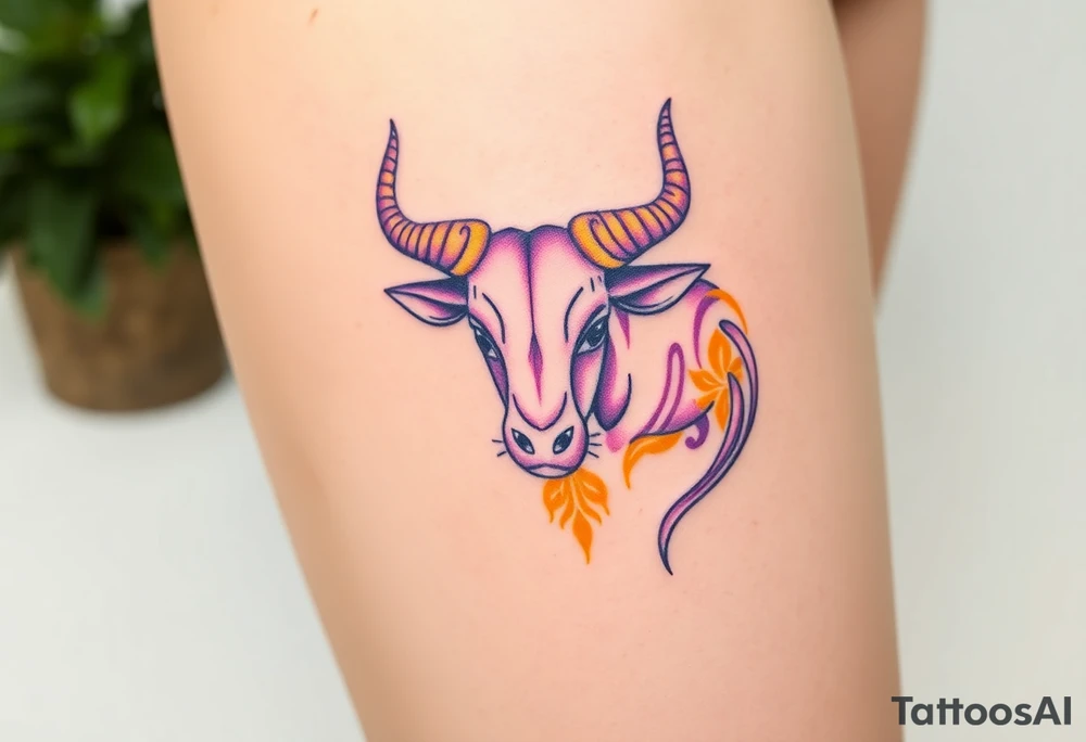 Powerful Taurus tattoo with purple and yellow tattoo idea
