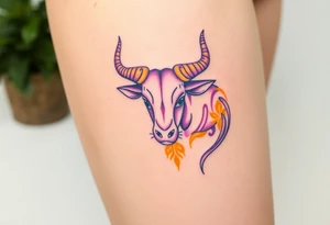 Powerful Taurus tattoo with purple and yellow tattoo idea