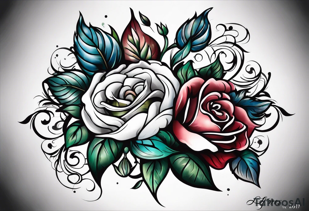 “Flores” with a rose and the date 01/01/76 and the date 09/20/76 and the date 10/11/11 with some clouds tattoo idea