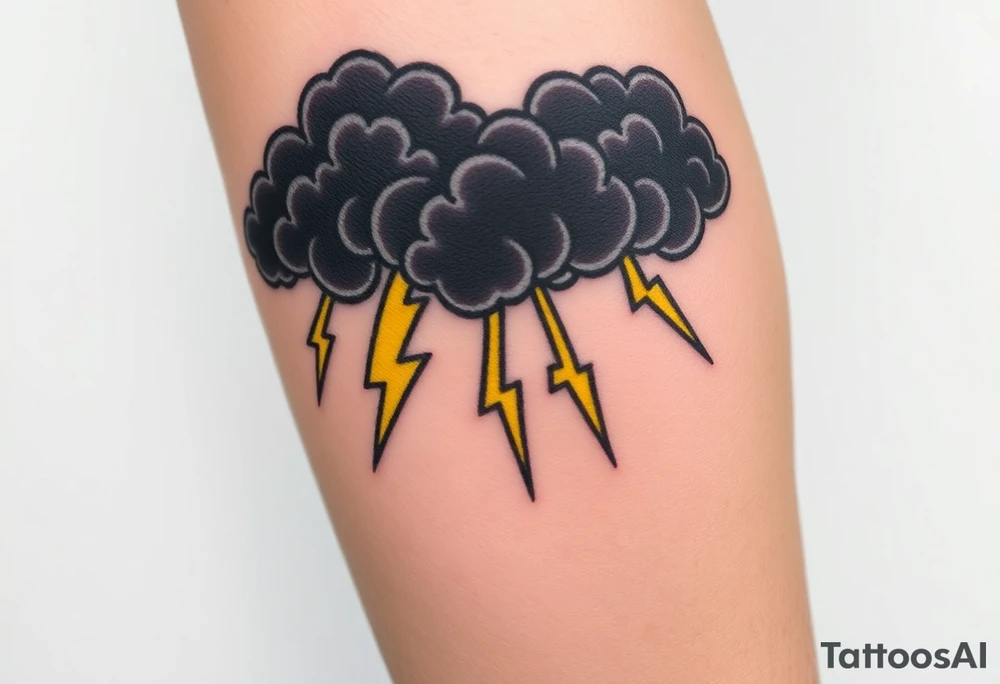 Black dark menacing storm clouds with eerie yellow lightning bolts tattoo idea
