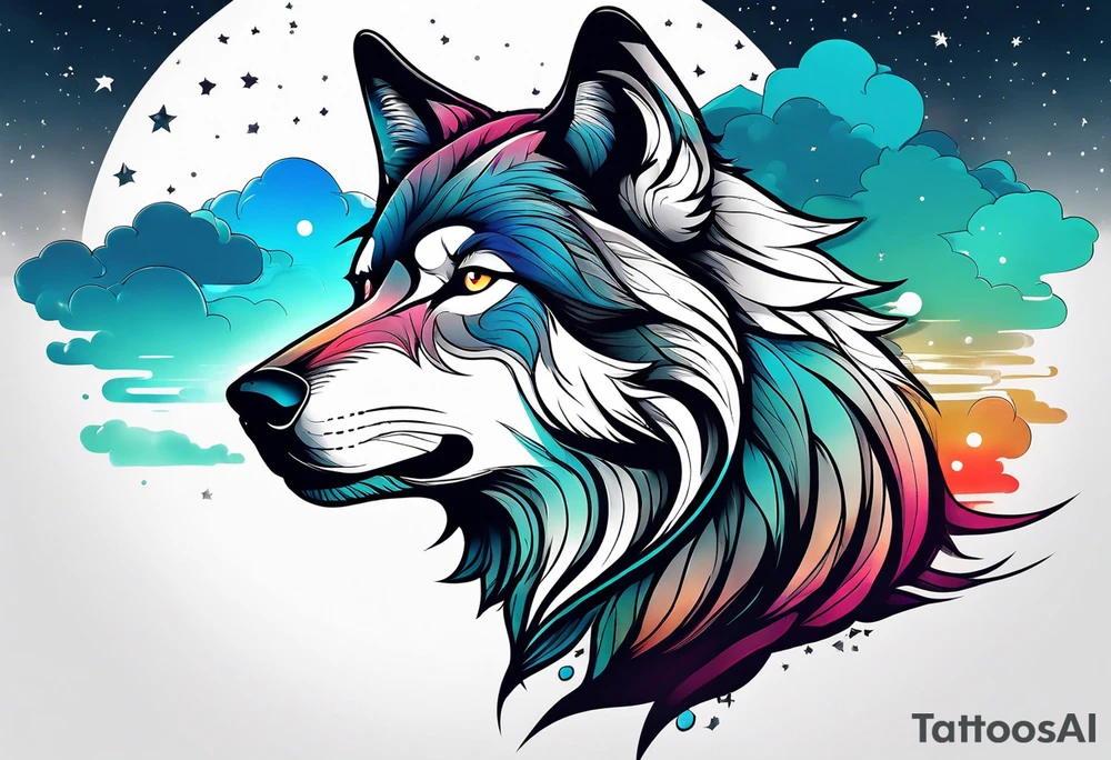 a minimalistic wolf in front of an incredible sky. tattoo idea