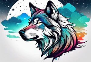 a minimalistic wolf in front of an incredible sky. tattoo idea