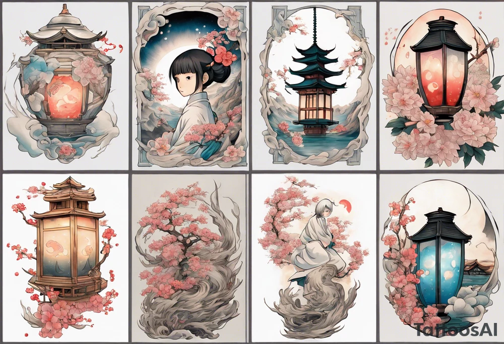 spirited away sleeve, chihiro uchigo, lanterns, blossoms, spirits, sen, tattoo idea