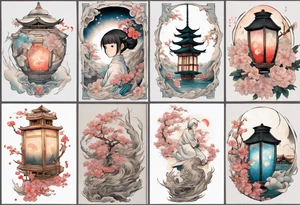 spirited away sleeve, chihiro uchigo, lanterns, blossoms, spirits, sen, tattoo idea
