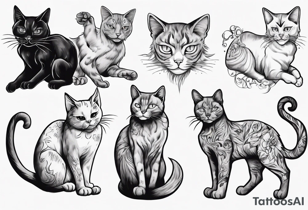 Maine coon cat and a grey cat with extra toes playing together tattoo idea