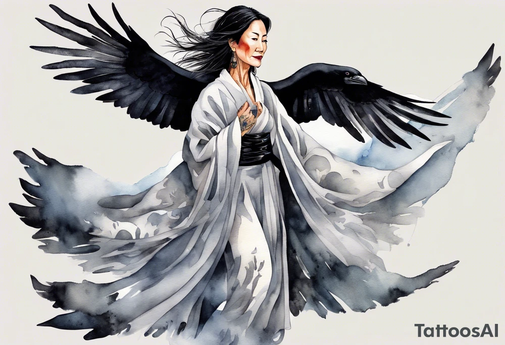 a beautiful 55 year old Dakota woman wearing a silver and black robe, flying in the sky with black raven wings, bare feet tattoo idea