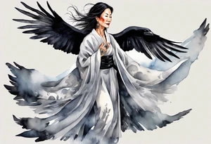 a beautiful 55 year old Dakota woman wearing a silver and black robe, flying in the sky with black raven wings, bare feet tattoo idea