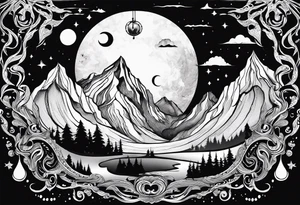 A world that is upside down including Mountains and a moon that drips down tattoo idea