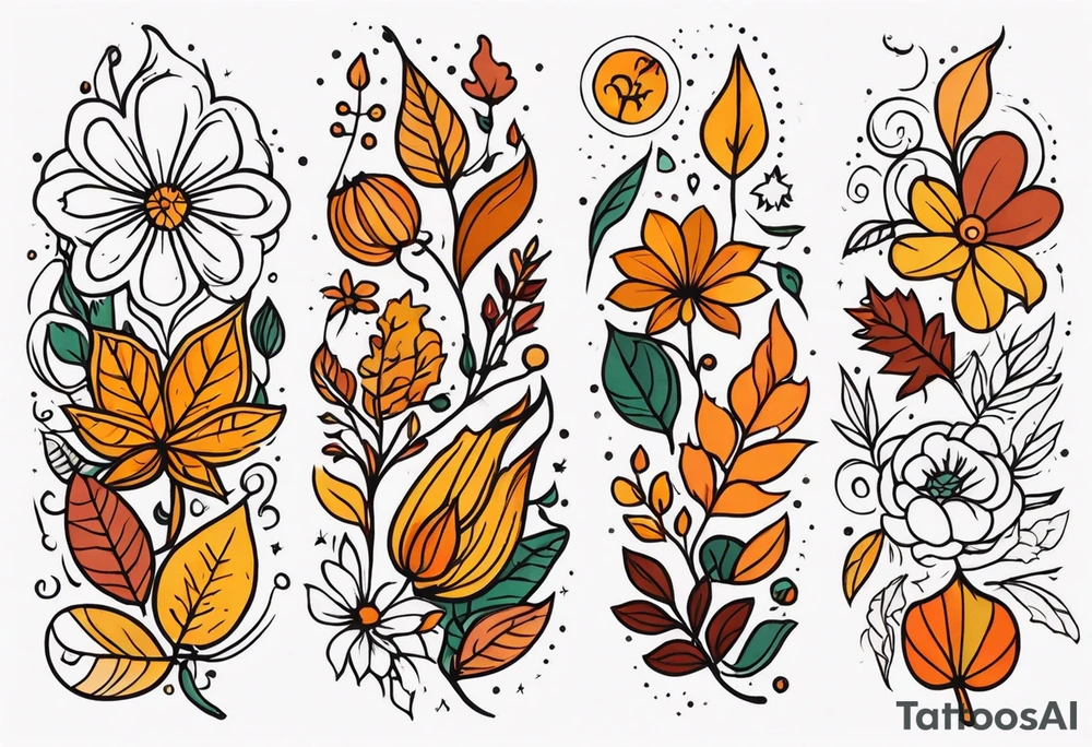 Full arm sleeve with fall colors, flowers, leaves and shapes tattoo idea