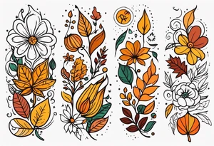 Full arm sleeve with fall colors, flowers, leaves and shapes tattoo idea