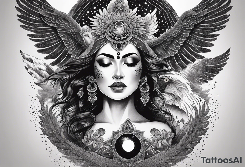 black kali, goddess pirate, alien, angel, pachamama, valkrye, warrior, flying, skull, lotus azul, wing, eagle, zenza resonance, stars, 5D, anahata chakra, death, durga, riding on a tiger, flying lady, kundalini, chest tatoo, samuri, rebel tattoo idea