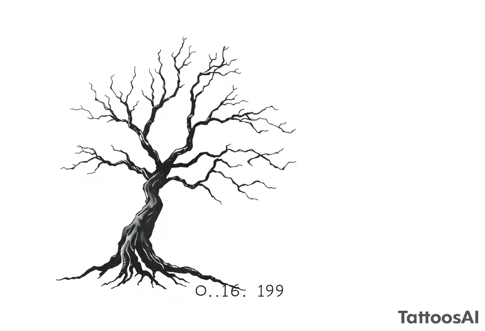 simple windy tree tattoo linework stencil with date 02.18.1998 tattoo idea