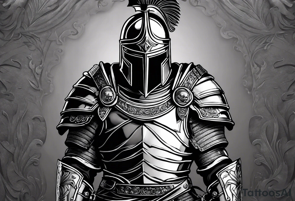 a black and white illustration of a roman soldier from AD 60, wearing armor which must include an armoured belt, breastplate, armoured shoes, shield, helmet and sword.
the soldier must look strong. the soldier is faceless. The image must include the full person, not just the top half tattoo idea