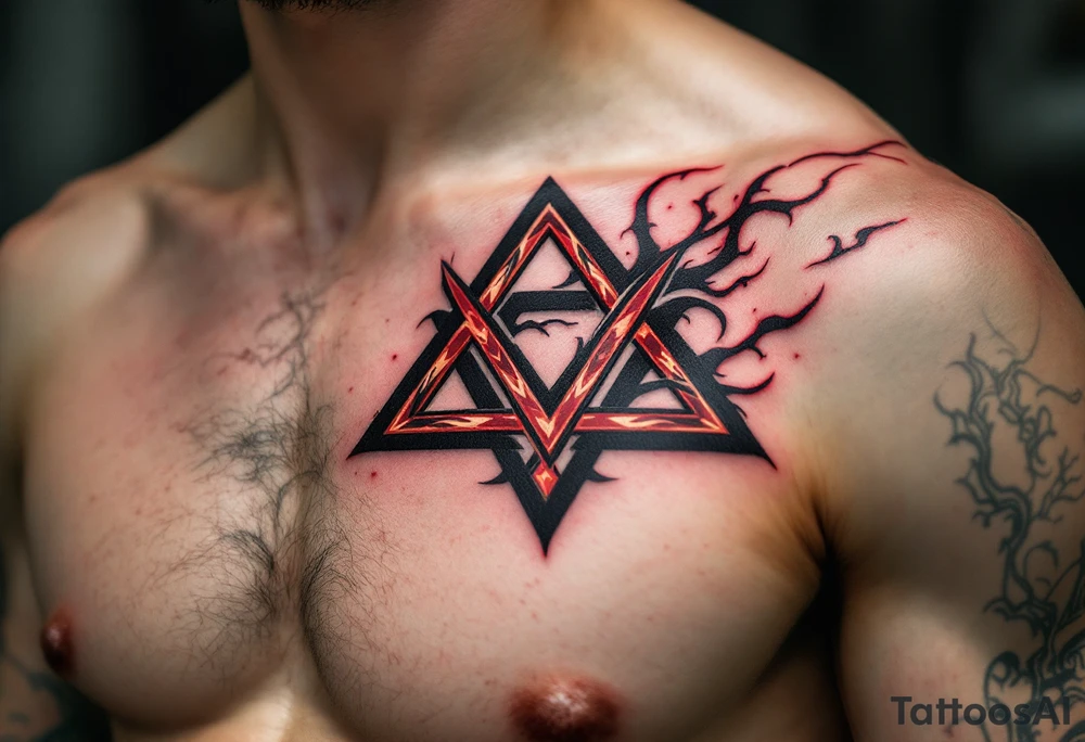 A bold tribal-style triquetra, filled with deep red and black patterns, creating a powerful and dynamic effect. tattoo idea