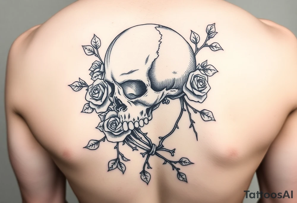gothic skull intertwined with climbing roses and thorny vines tattoo idea