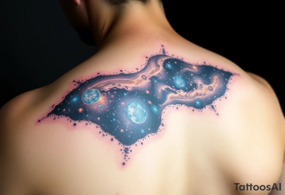 Beautiful and epic 3d milky way that appears to be what is beneath the skin. Make it drape over the shoulder and move to the middle back. use negative spaces to create stars and dust. Incorporate God breathing life into the universe. Keep it symmetrical tattoo idea