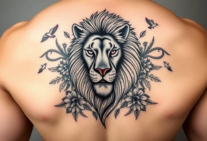 powerful majestic lion with a luffy from ine piece, surrounded by floral ornaments and birds tattoo idea