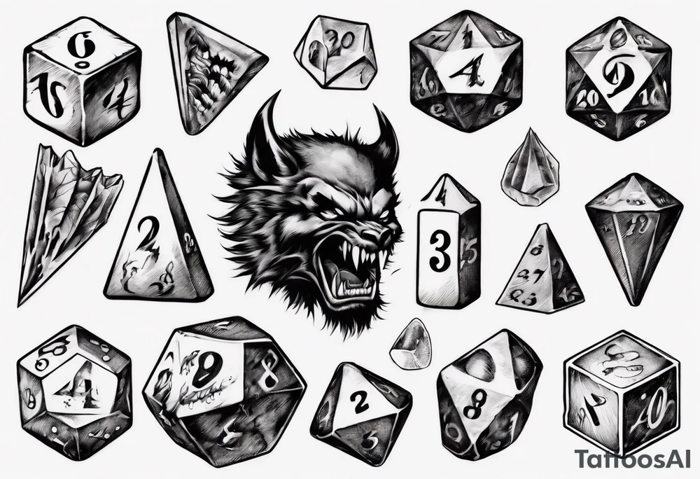 A 20 sided Dice in the center with numbers and wolverine claw marks framing the area underneath the dice and a werewolf in the background tattoo idea