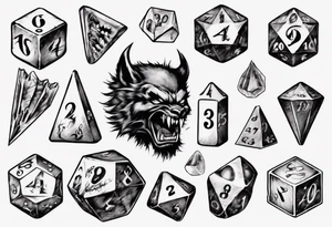 A 20 sided Dice in the center with numbers and wolverine claw marks framing the area underneath the dice and a werewolf in the background tattoo idea