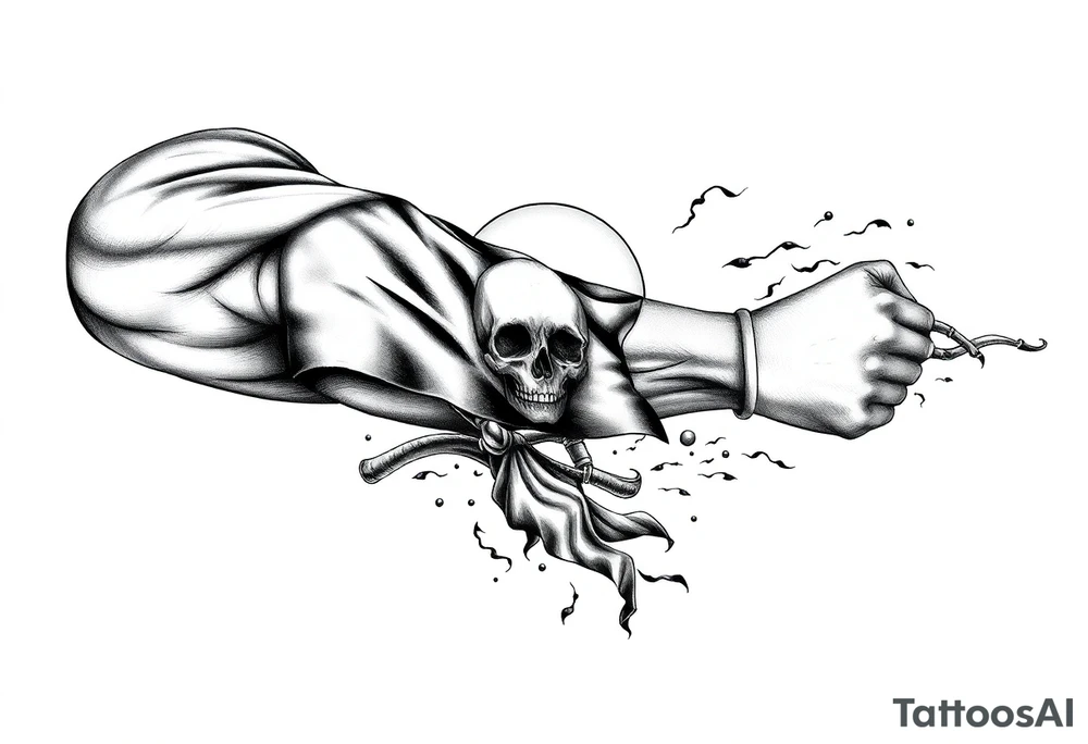 Full sleeve with pirate flag, sun rise, tattoo idea