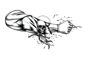 Full sleeve with pirate flag, sun rise, tattoo idea