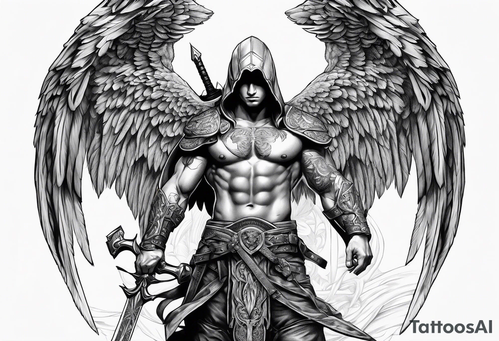 Arch angel hood fighting sword male full body tattoo idea