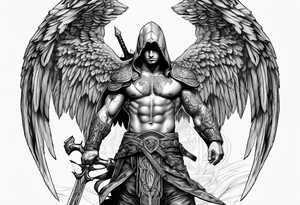 Arch angel hood fighting sword male full body tattoo idea