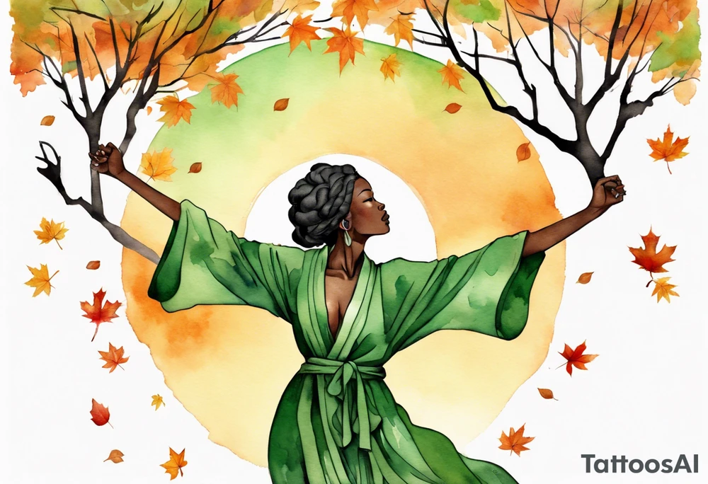 a beautiful black woman with the lower half of a tree with roots, wearing a green robe, arms reaching up towards the sun blazing in the sky, autumn leaves in her hair tattoo idea