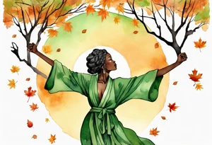 a beautiful black woman with the lower half of a tree with roots, wearing a green robe, arms reaching up towards the sun blazing in the sky, autumn leaves in her hair tattoo idea