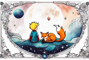 The Little prince sitting on his planet toghether with the fox on his planet besides his rose. Both are watching into the sky tattoo idea