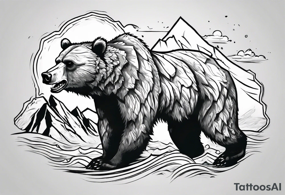 A growling grizzly bear standing and inside a realistic depiction of the triglav mountain in slovenia and under the sea pounding the mountain. All inside the bear tattoo idea