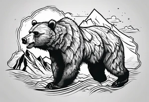 A growling grizzly bear standing and inside a realistic depiction of the triglav mountain in slovenia and under the sea pounding the mountain. All inside the bear tattoo idea