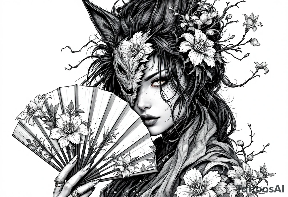 Samurai woman wearing an half and broken kitsune's mask on her hair and holding a fan with irises flowers tattoo idea
