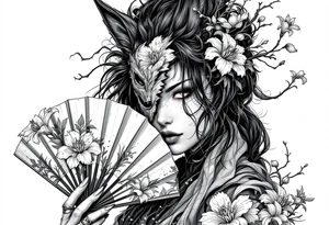 Samurai woman wearing an half and broken kitsune's mask on her hair and holding a fan with irises flowers tattoo idea