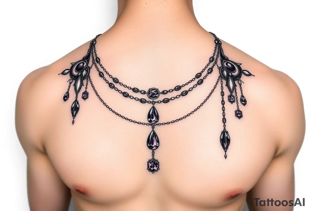 Gothic jewelry draping fine line with amethyst jewels around the front of the neck extending down the chest onto the left shoulder tattoo idea