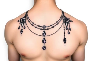 Gothic jewelry draping fine line with amethyst jewels around the front of the neck extending down the chest onto the left shoulder tattoo idea