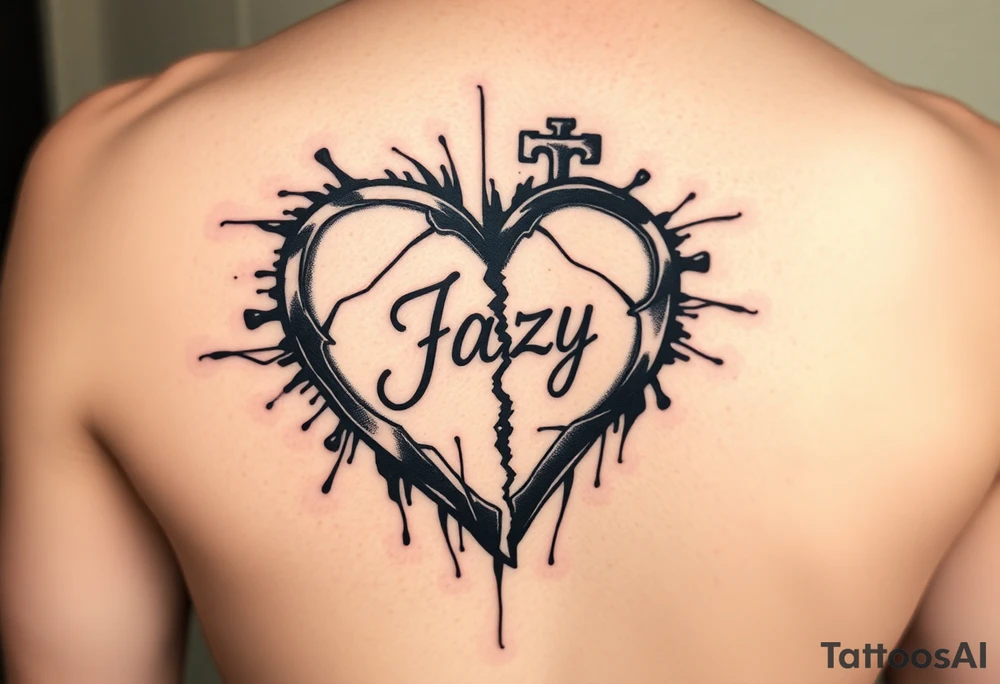 upper arm tattoo -broken heart of a deceased best friend with the name Jazy incorporated tattoo idea