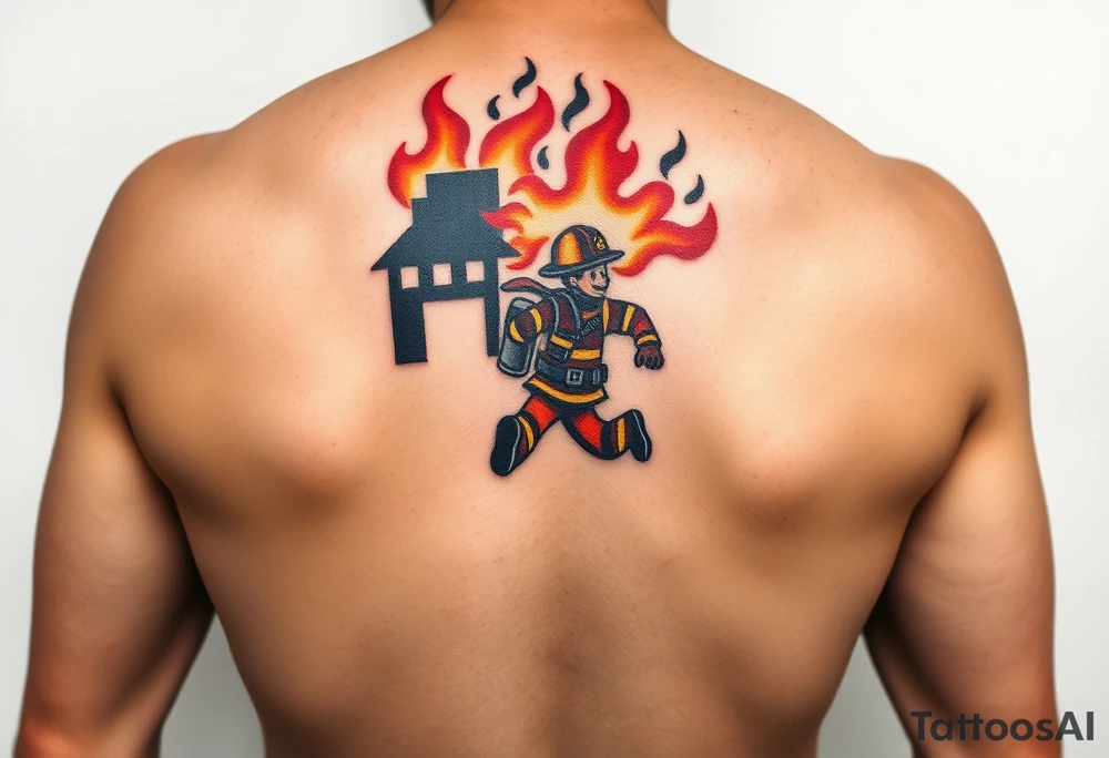 A firefighter running towards a burning building, with dramatic shading in deep oranges, blacks, and grays. tattoo idea