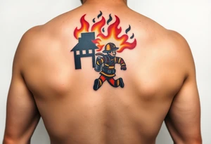 A firefighter running towards a burning building, with dramatic shading in deep oranges, blacks, and grays. tattoo idea