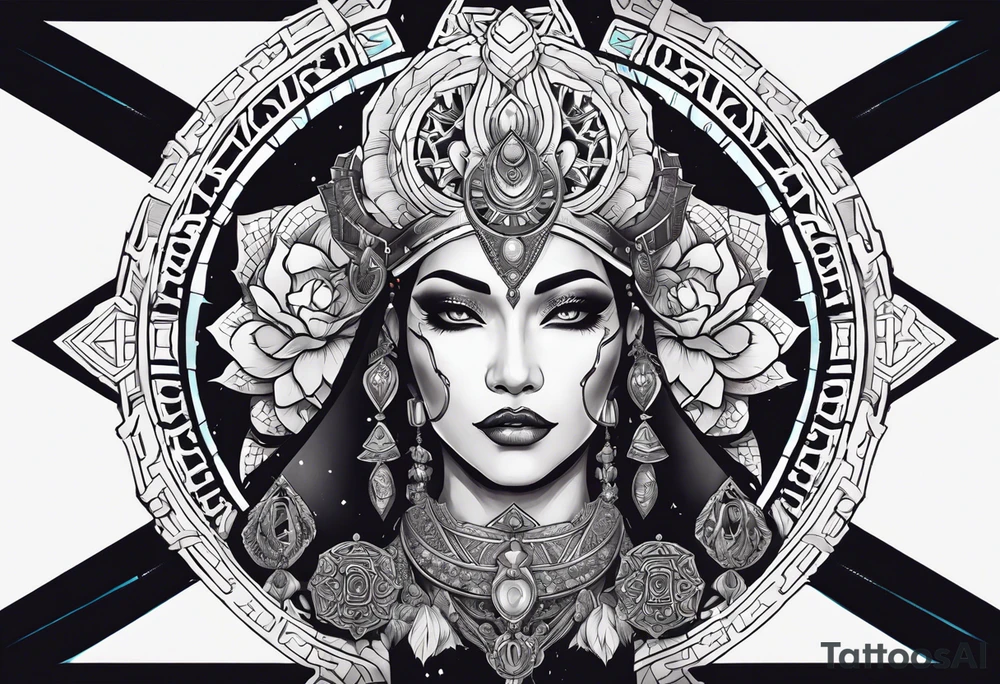 kali ma, alien goddess, valkrye, aries, pirate, divine feminine, zenza resonance, pachamama, lotus azul, blank panther, eagle, skull, 5D, nueva gaya, dna 12, left side chest tatoo tattoo idea